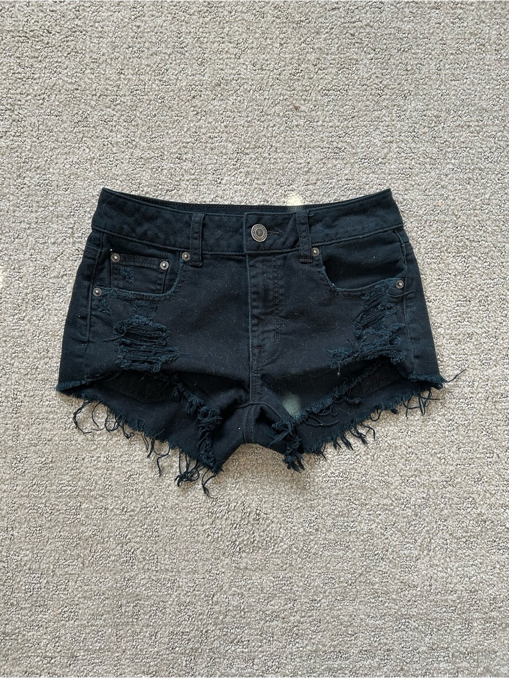 American Eagle Women's Black Stretch Distressed Cutoff Denim Shorts Size 0